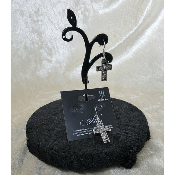 new womans halle joy black/clear studded devotion cross dangle, drop hoop earrin - Picture 3 of 5
